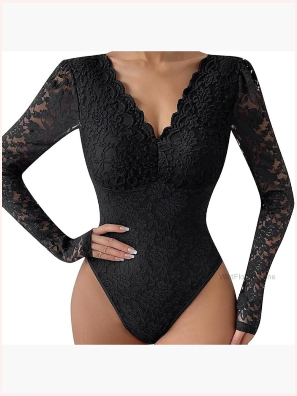 Sheer Floral Lace Long Sleeve Bodysuit V-Neck Backless Going Out Top
